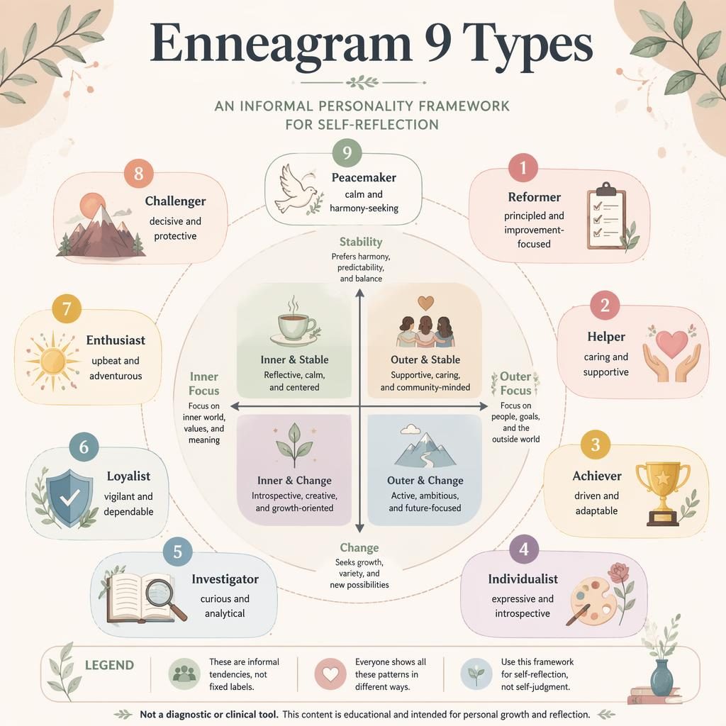 Infografía educativa pastel con cuadrante 2x2 y 9 tipos de eneagrama con iconos, subtítulo y nota en inglés.