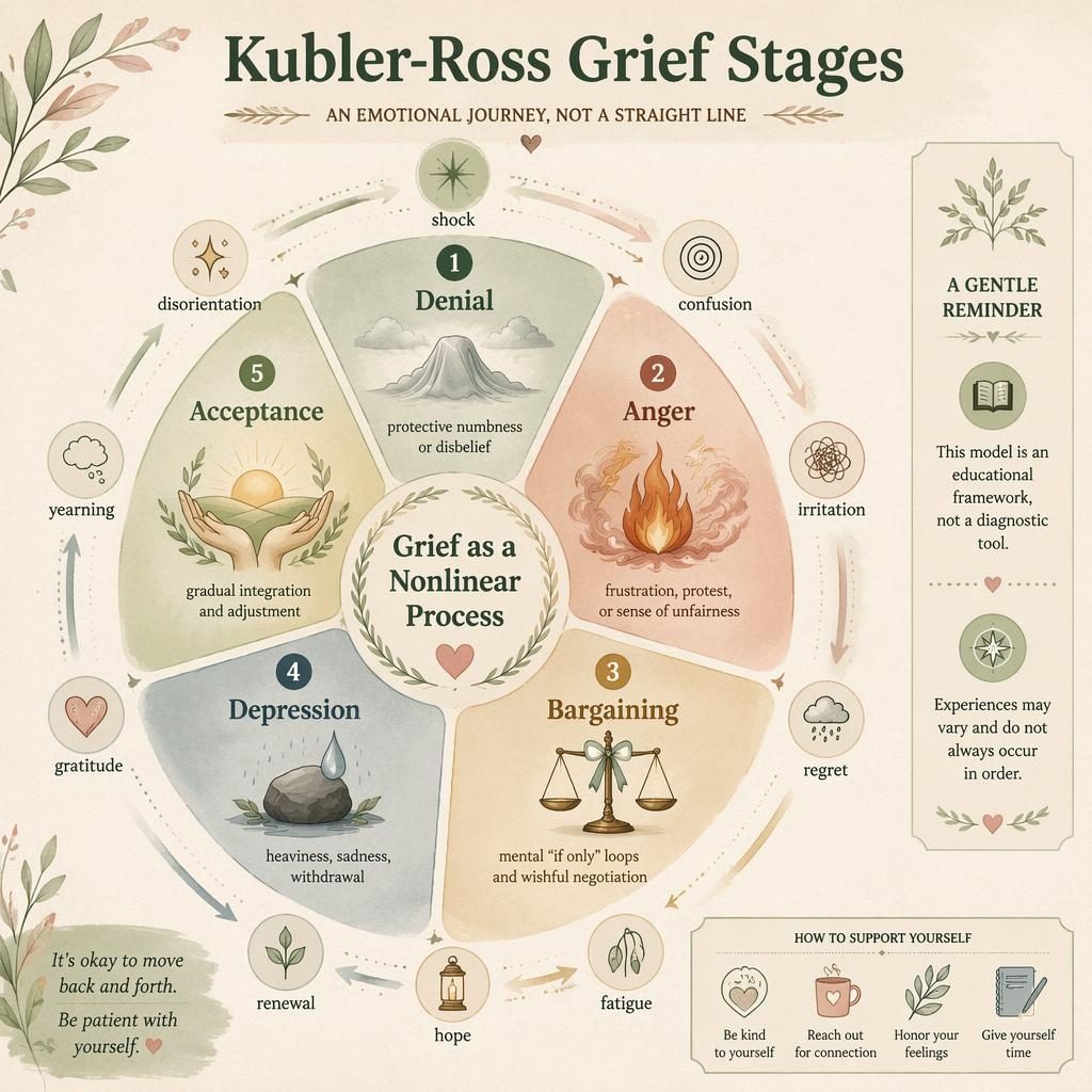 Warm psychology infographic wheel showing 5 grief stages with icons, captions, outer nuance ring, and educational side note.