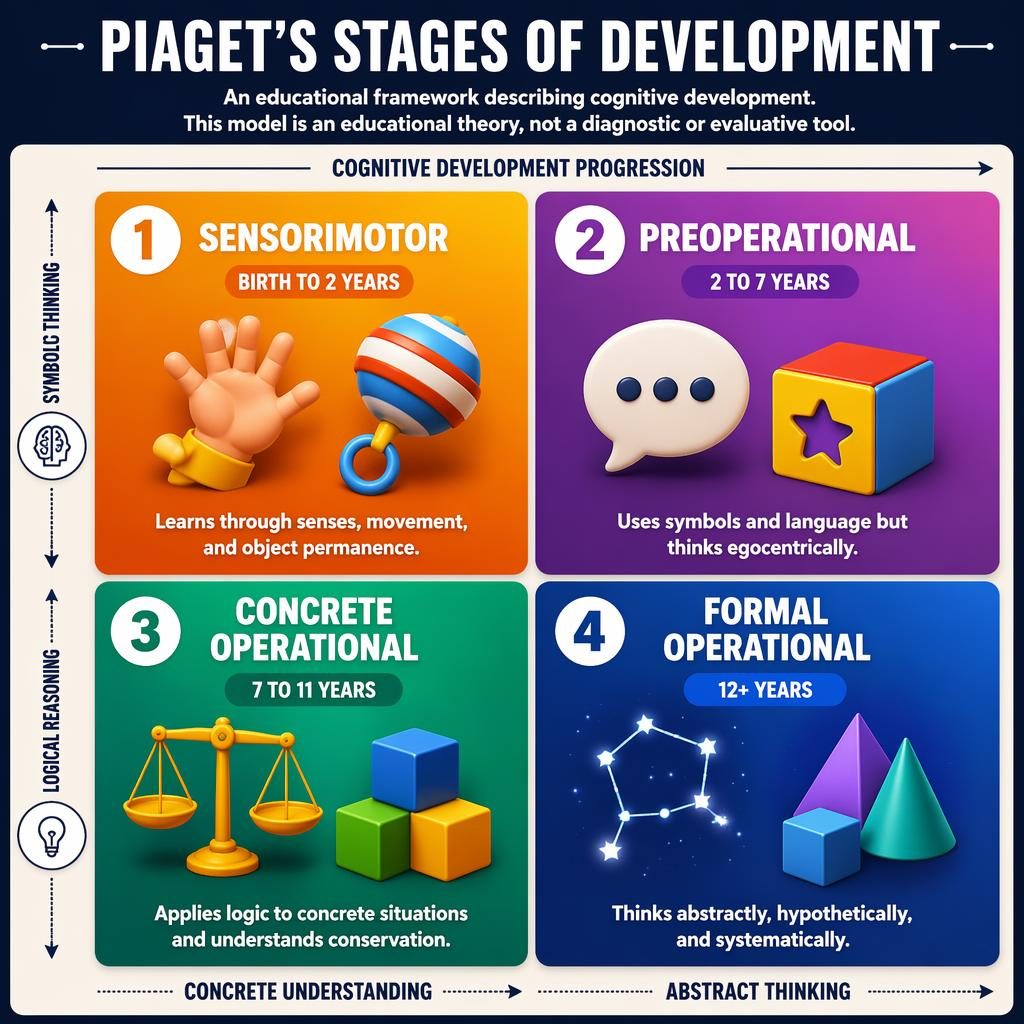 Educational 2x2 infographic of Piaget's stages with gradient panels, icons, age ranges, and neutral psychology labels.
