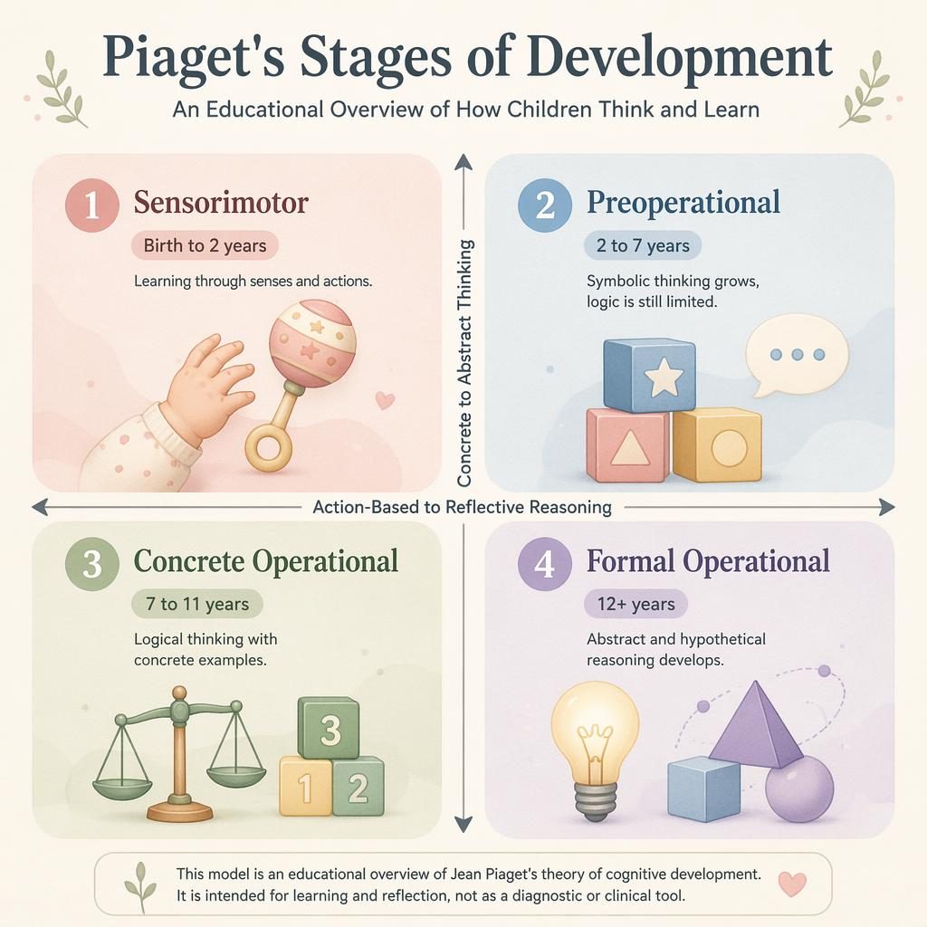 Pastel four-quadrant infographic of Piaget’s stages with icons, age ranges, captions, axis labels, and footer note.