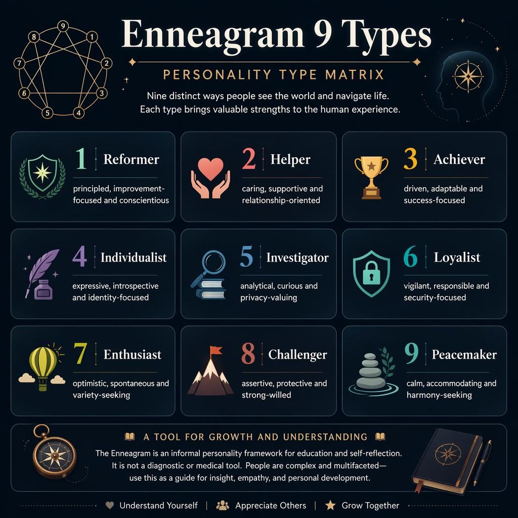 Dark mode psychology infographic with a 3x3 grid of Enneagram 9 type cards, icons, traits, and an educational footer note.