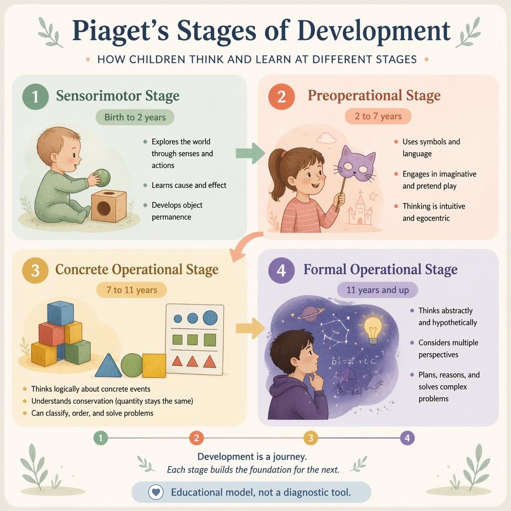 Pastel four-quadrant infographic of Piaget’s stages with icons, age ranges, bullet labels, arrows, and footer note.