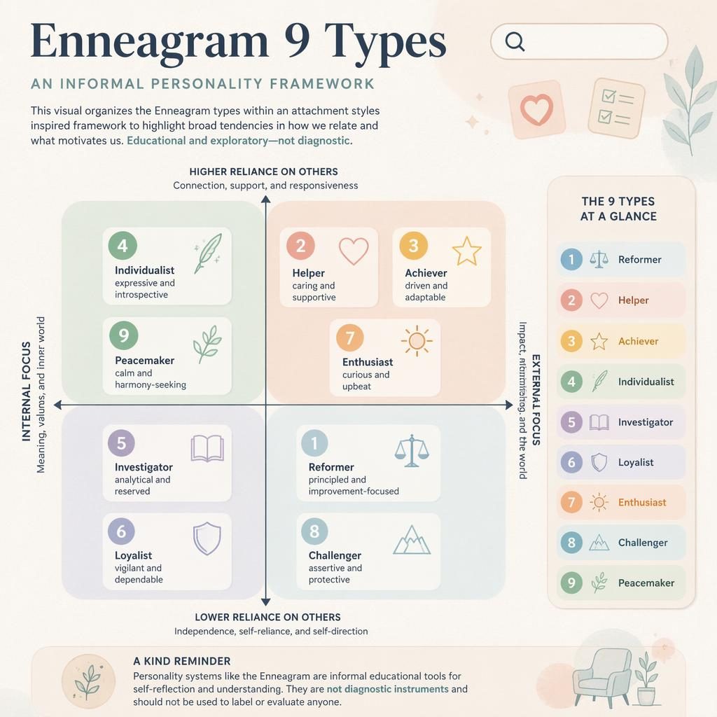 Pastel psychology infographic with a 2x2 quadrant chart mapping Enneagram 9 types, icons, legend, and educational footer.