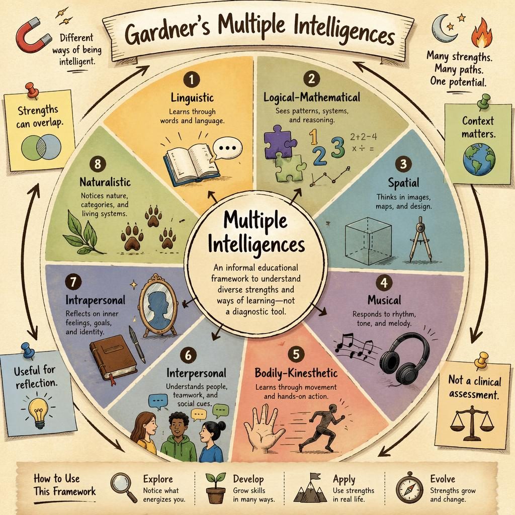 Sketchnote-style 8-segment multiple intelligences wheel on textured paper with icons, captions, and educational callouts.