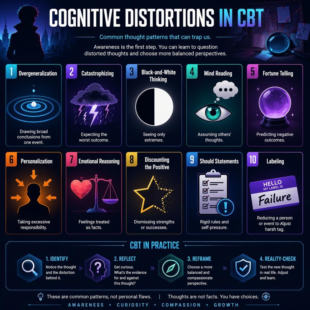 Editorial psychology infographic poster with 10 numbered CBT cognitive distortion cards, icons, bold gradients, and clean grid layout.