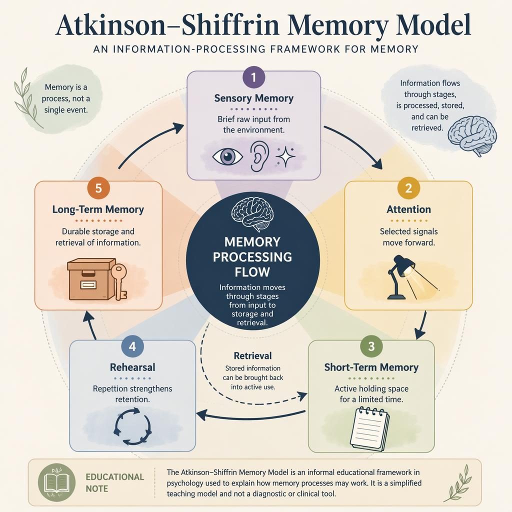 Educational psychology infographic with central memory hub, 5 numbered cards, icons, arrows, and muted rainbow layout.