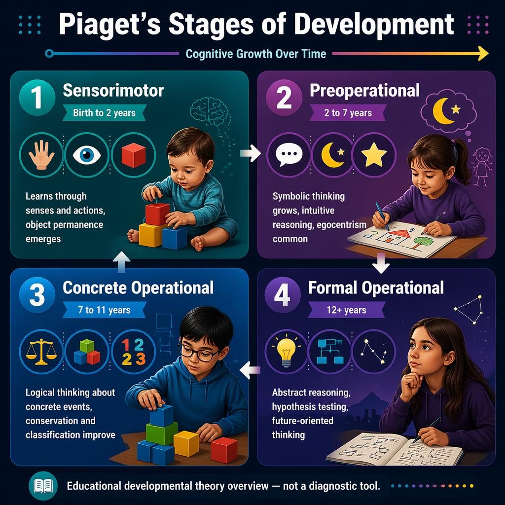 2x2 psychology infographic on Piaget's stages with four labeled panels, icons, arrows, gradient colors, and footer note.