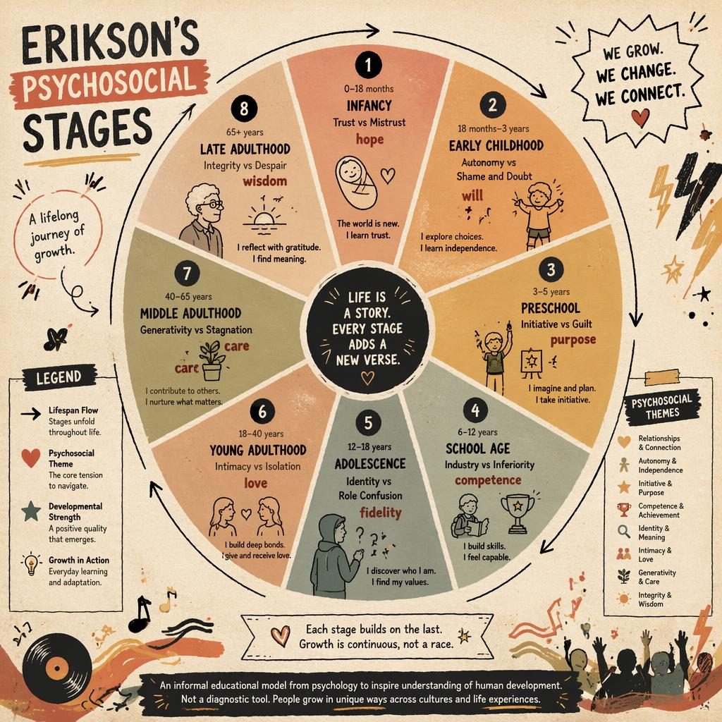 Sketchnote-style 8-segment Erikson psychosocial stages wheel infographic on textured paper with icons, arrows, and legend
