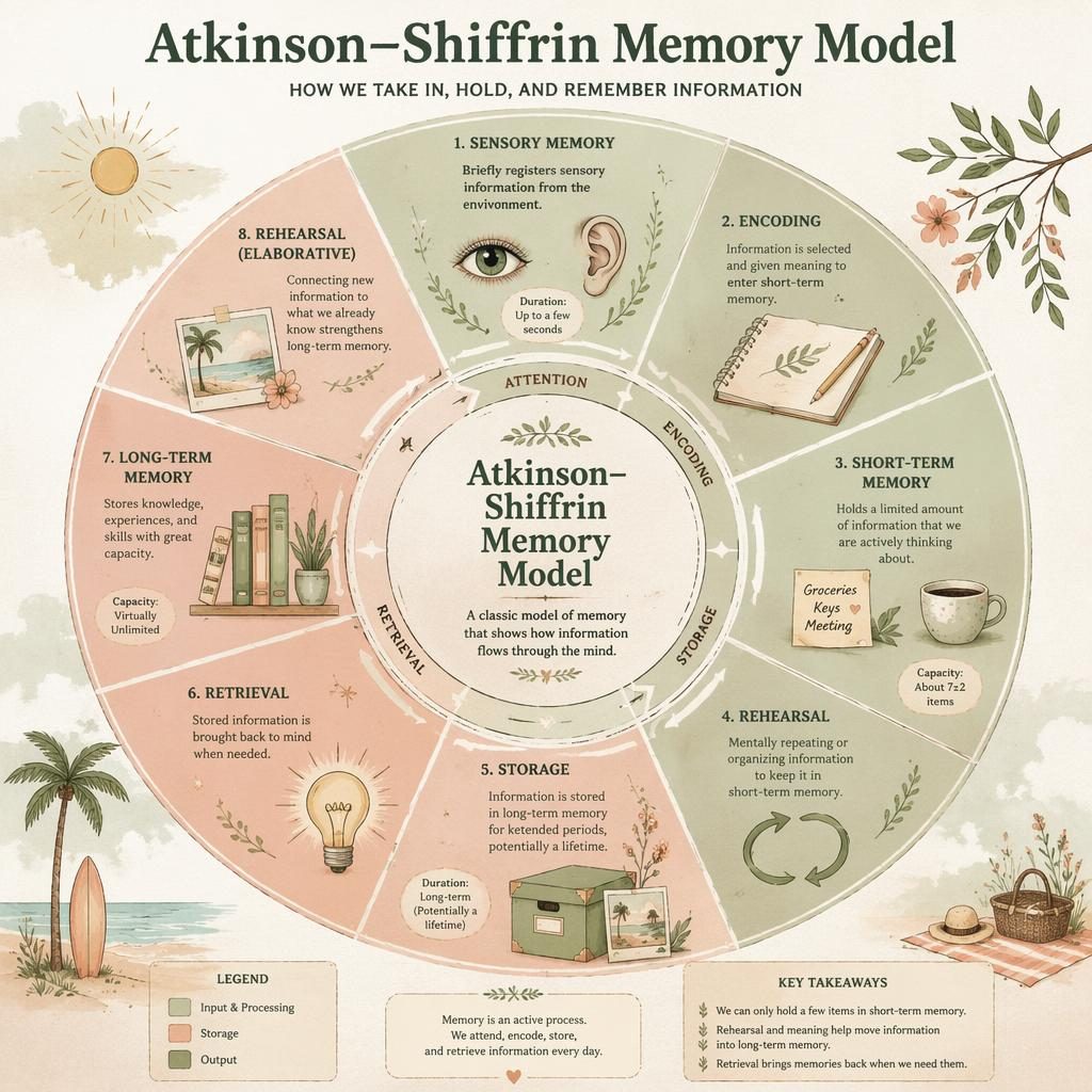 Hand-illustrated circular Atkinson–Shiffrin memory model infographic with sage and blush segments, icons, labels, and paper texture.