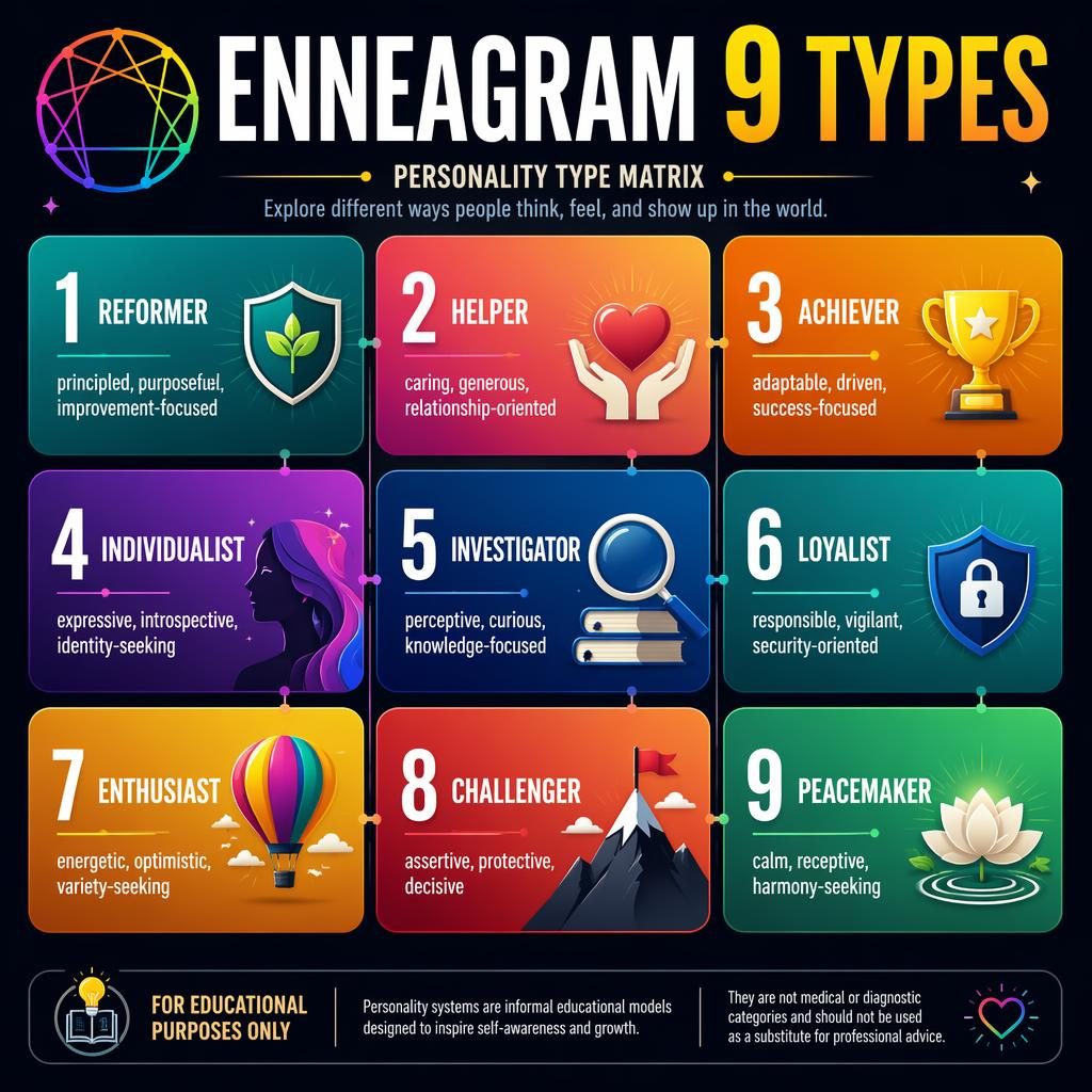 Bold gradient infographic showing a 3x3 Enneagram 9 Types matrix with numbered cards, icons, traits, and footer note.