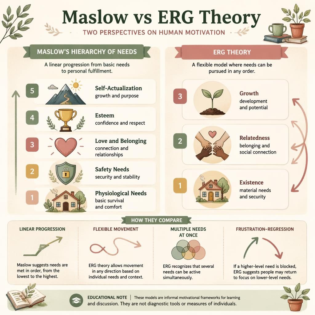 Warm editorial infographic comparing Maslow hierarchy and ERG theory with numbered cards, icons, arrows, and sage blush palette.