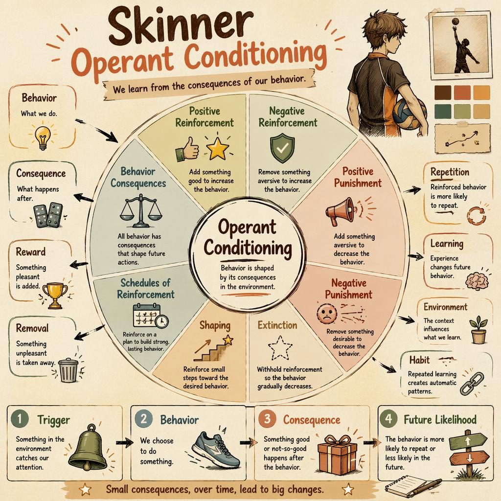 Educational operant conditioning wheel infographic in warm earth tones with sketchnote icons, side callouts, and numbered mini-cards.