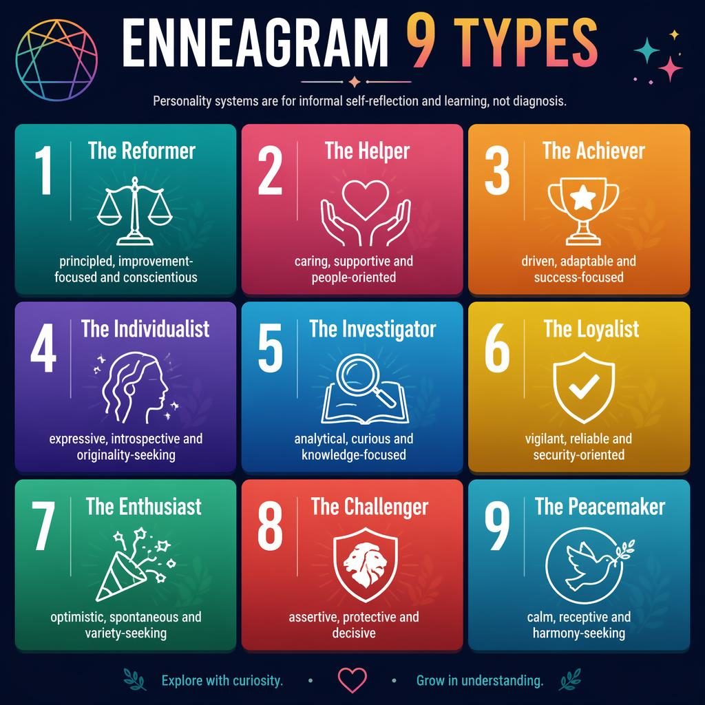 Colorful 3x3 Enneagram 9 Types infographic with nine type cards, icons, traits, and an educational subtitle.