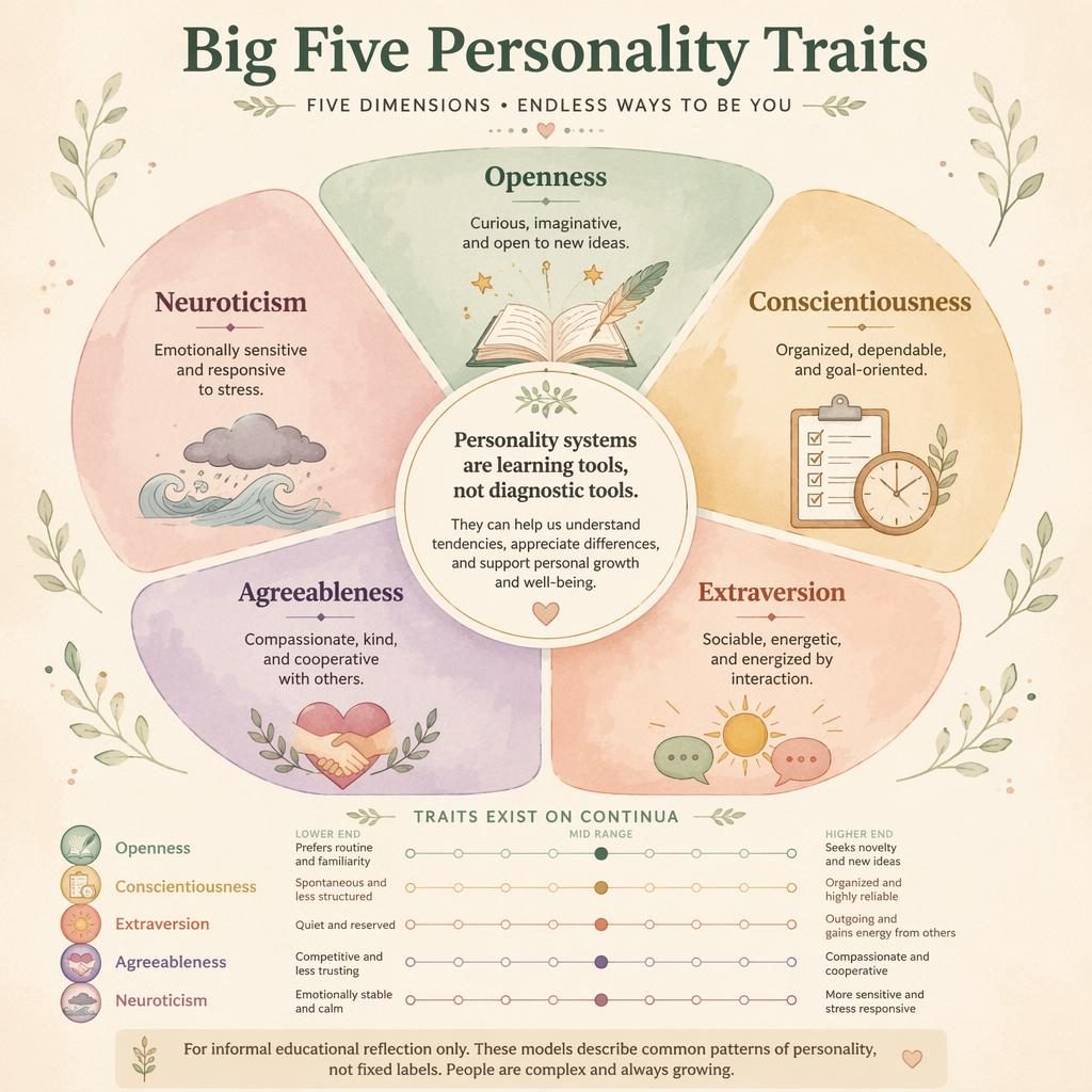Educational Big Five personality traits wheel infographic with five labeled segments, icons, soft watercolor texture, and sage blush palette.