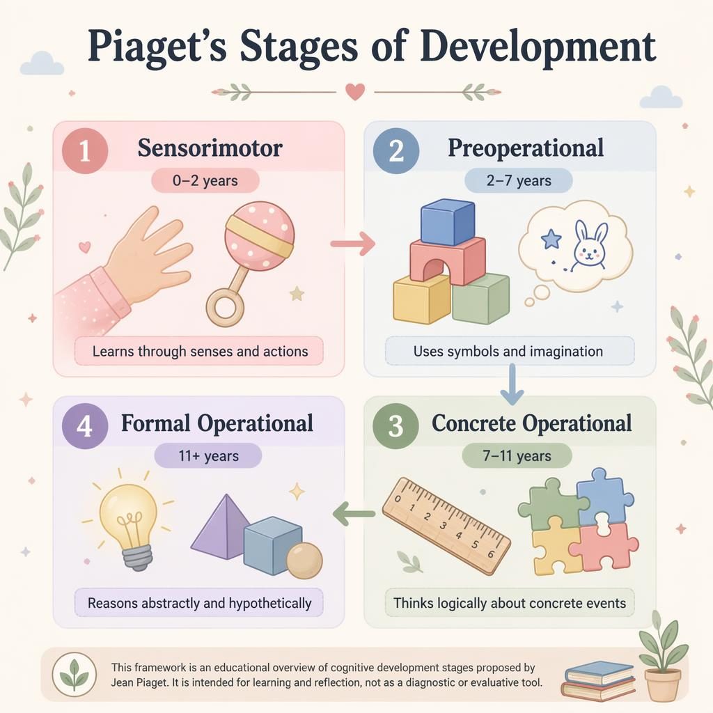 Pastel 2x2 Piaget stages infographic with four labeled quadrants, child icons, arrows, and educational footer note.
