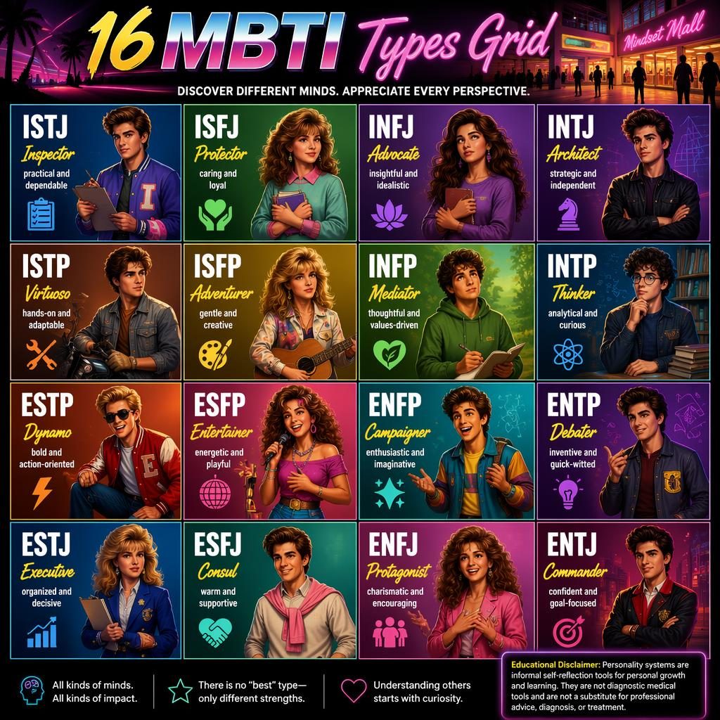 Psychology infographic showing a 4x4 grid of 16 MBTI types with silhouettes, traits, icons, and an 80s retro vibe.