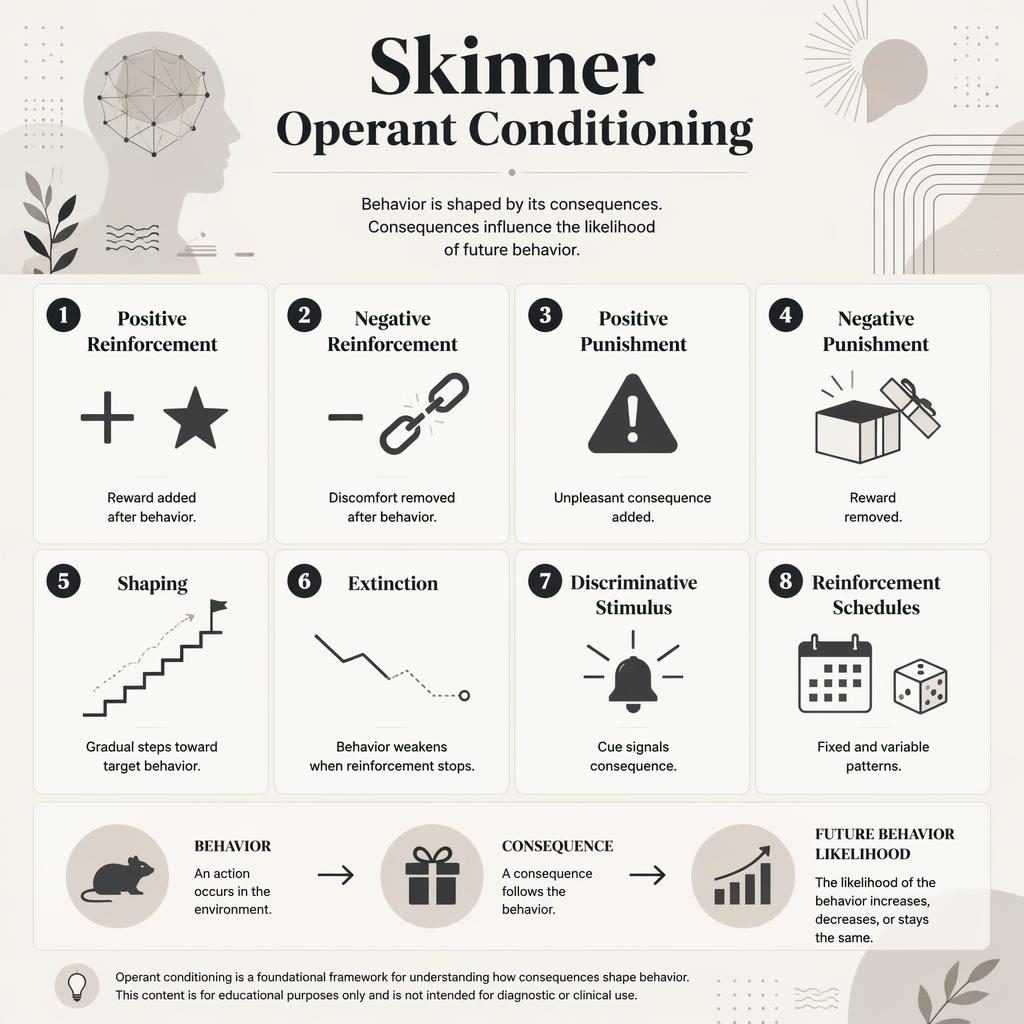 Monochrome educational poster grid on Skinner operant conditioning with 8 numbered cards, icons, and behavior flow chart.