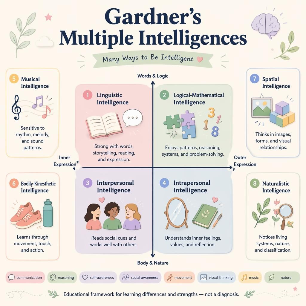 Pastel psychology infographic with a 2x2 Gardner's Multiple Intelligences quadrant, 4 labeled panels, 4 numbered cards, icons, and footer note.
