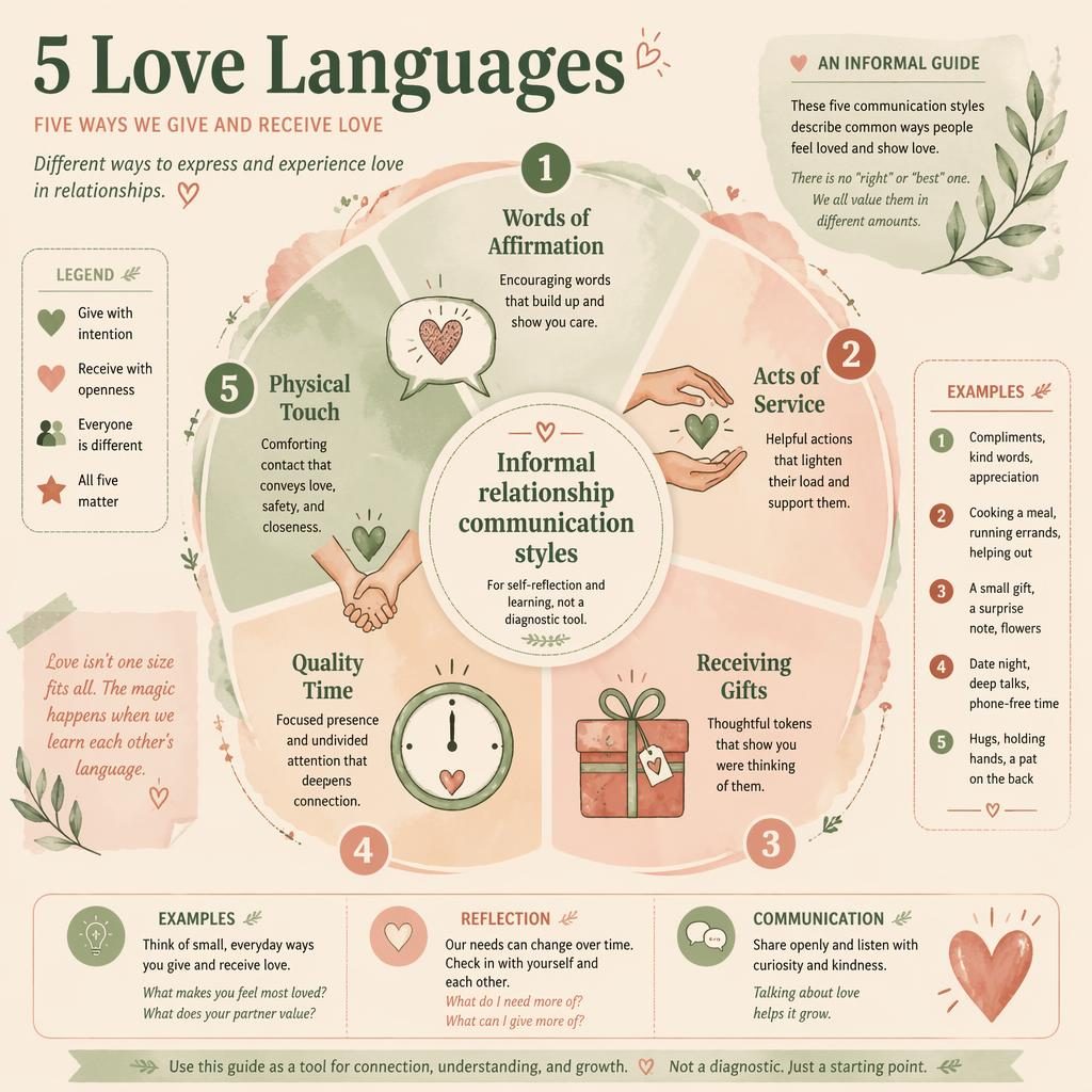 Warm editorial infographic wheel showing 5 Love Languages with icons, sage blush palette, cream background, and English labels.