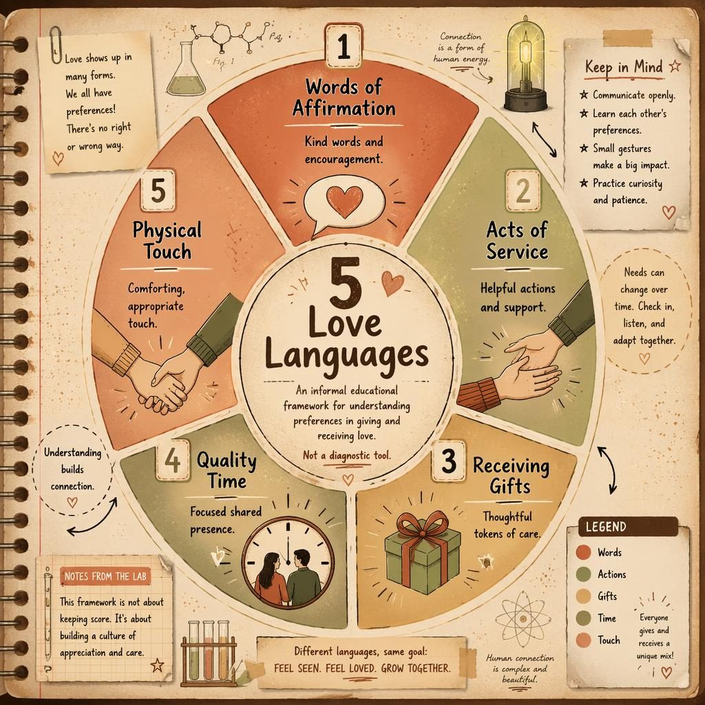 Sketchnote-style psychology wheel infographic on 5 Love Languages in warm earth tones with icons, notes, and scrapbook doodles.