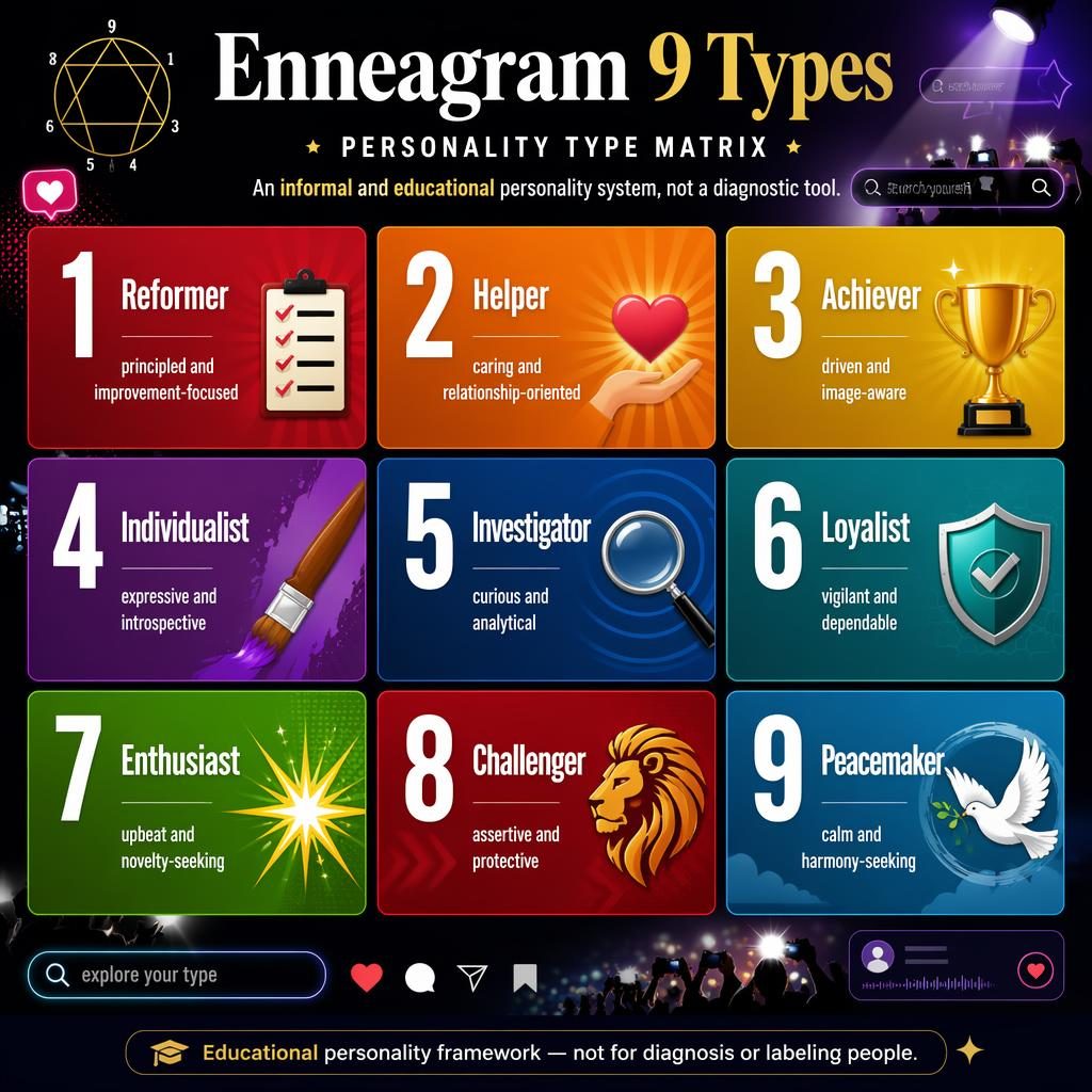 Editorial infographic showing a 3x3 Enneagram 9 Types card matrix with icons, bold gradients, English labels, and UI accents.