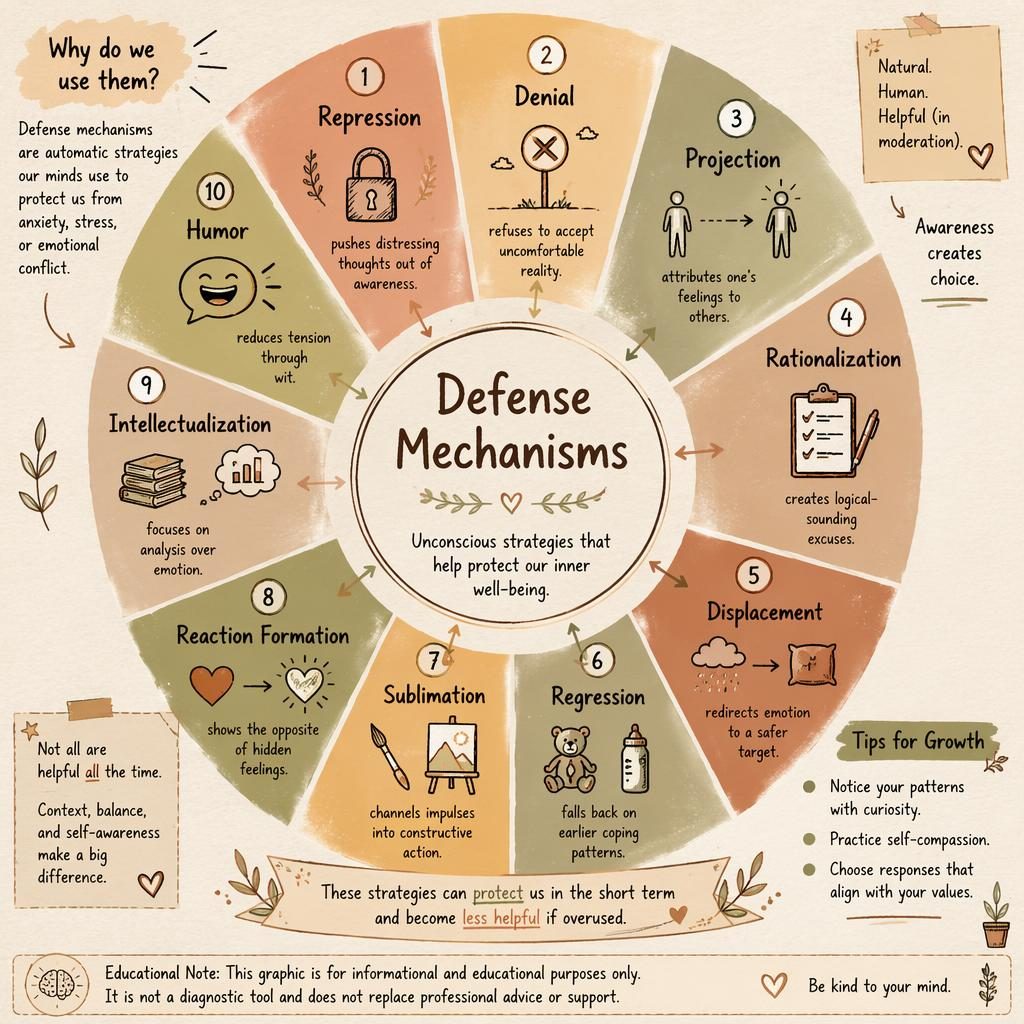 Psychology infographic titled "Defense Mechanisms". DEFENSE MECHANISMS wheel layout, editorial psychology magazine illus