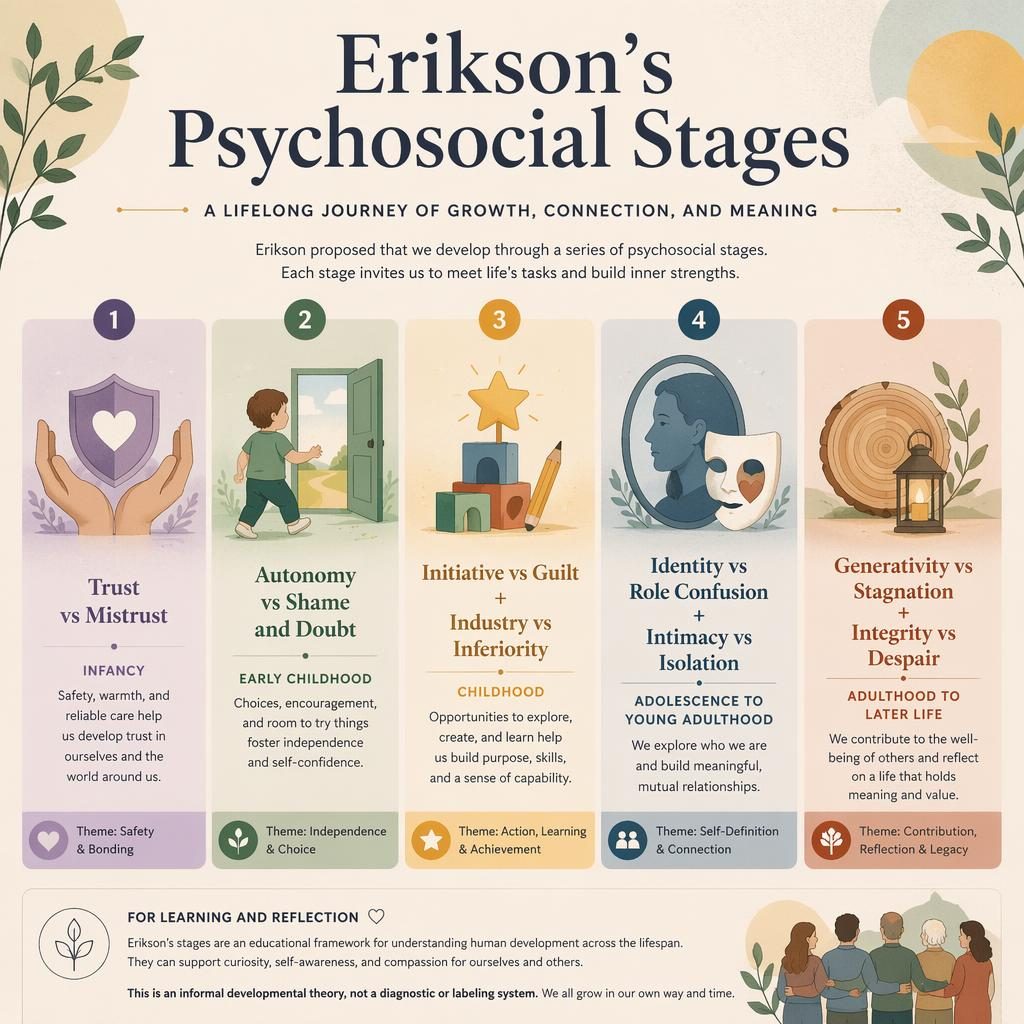 Educational infographic with 5 numbered cards on Erikson's psychosocial stages, icons, muted rainbow palette, and footer note.
