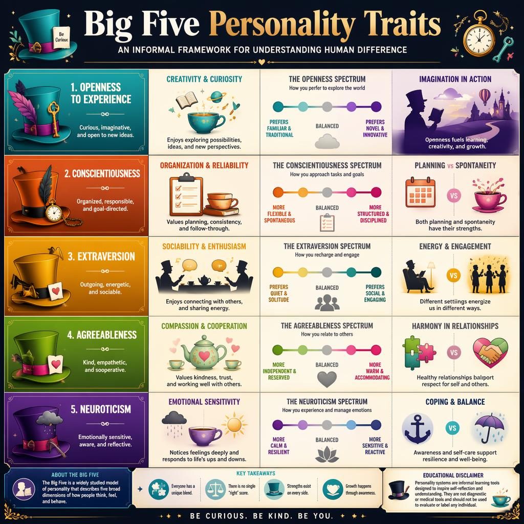Editorial 4x4 Big Five personality traits infographic with bold gradients, icons, spectrum mini-panels, and hat motifs