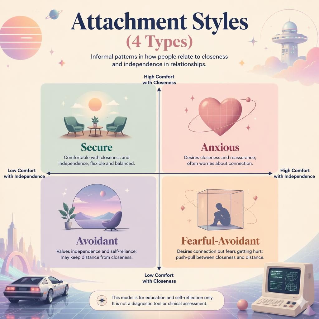 Pastel 2x2 attachment styles infographic with Secure, Anxious, Avoidant, and Fearful-Avoidant quadrants and icons.