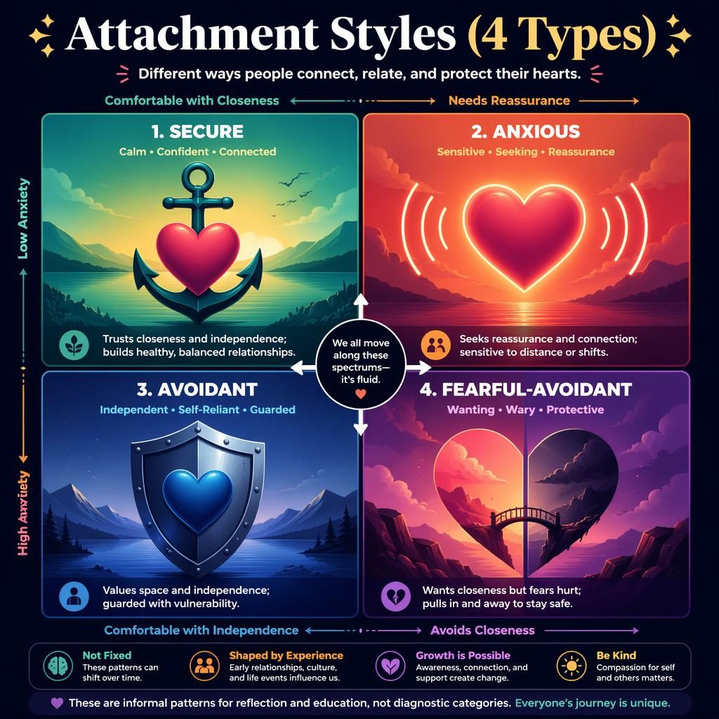 Psychologická infografika se 4 kvadranty attachment styly, ikonami srdce a výraznými barevnými přechody.
