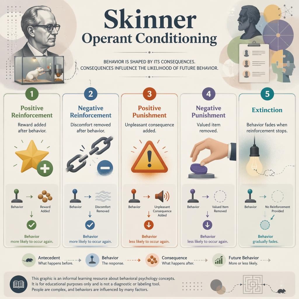 Educational infographic with 5 numbered cards explaining operant conditioning using icons, muted rainbow colors, and footer note.