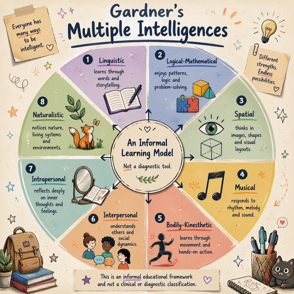 Sketchnote-style psychology wheel infographic with 8 multiple intelligences, icons, captions, and footer note on paper texture