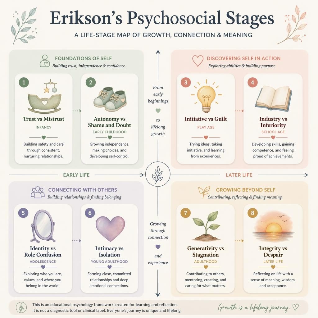 Pastel psychology infographic mapping Erikson's 8 psychosocial stages in four soft quadrants with icons and timeline arrows.