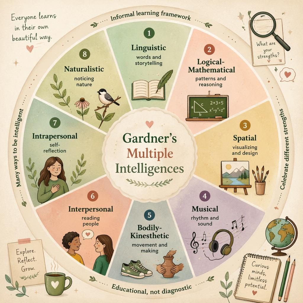 Editorial psychology wheel infographic of Gardner's 8 multiple intelligences with icons, sage blush palette, and notes.