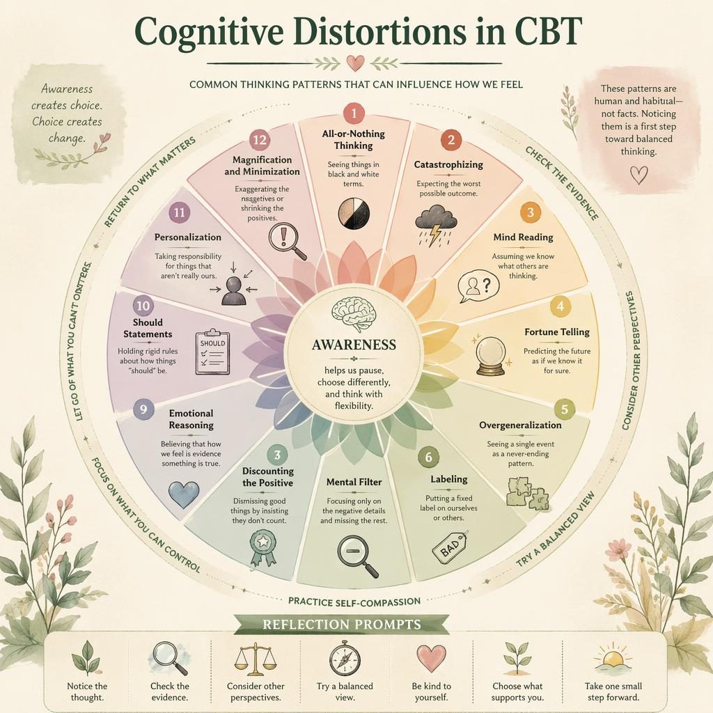 Warm illustrated psychology infographic wheel showing 12 cognitive distortions with icons, numbered segments, and reflection prompts.