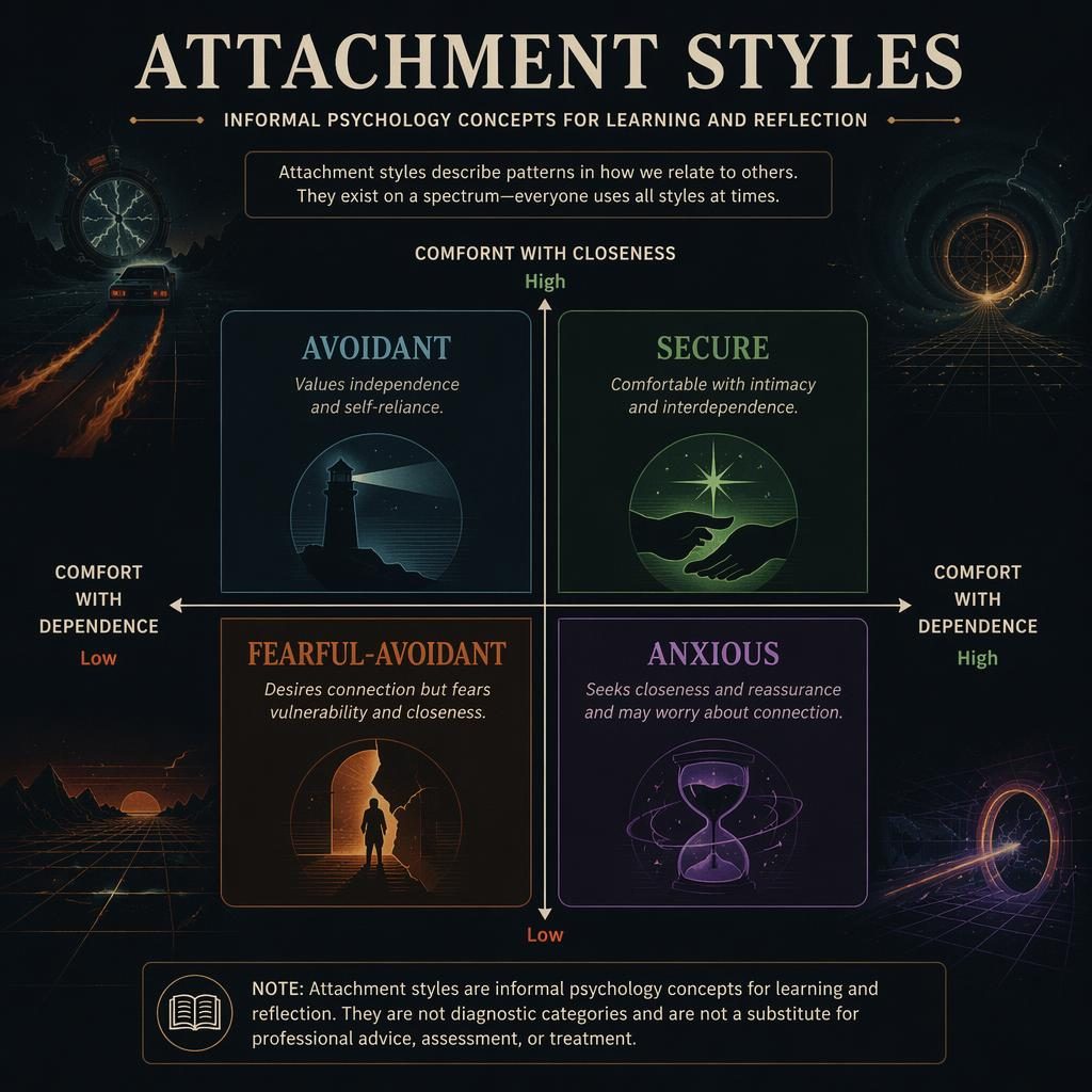Dark mode attachment styles infographic with a 2x2 quadrant chart: Secure, Anxious, Avoidant, Fearful-Avoidant.