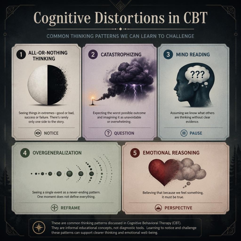 Editorial psychology infographic with 5 numbered CBT cognitive distortions cards, icons, muted rainbow palette, and footer note.