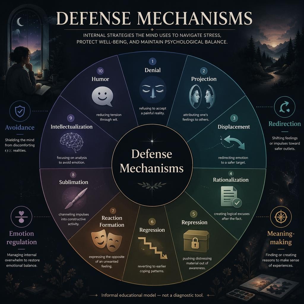 Dark-mode psychology infographic of a Defense Mechanisms wheel with 10 labeled segments, icons, side callouts, and footer note.