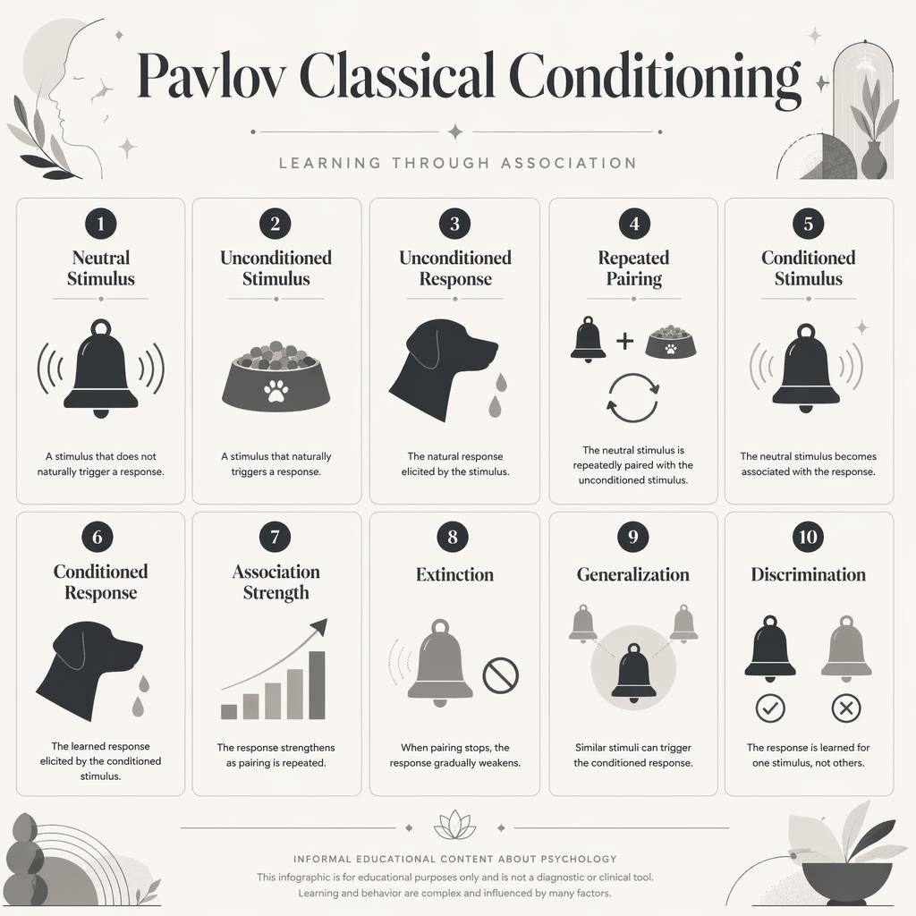 Monochrome psychology infographic grid on Pavlov classical conditioning with 10 numbered cards, bell, dog, bowl, arrows.
