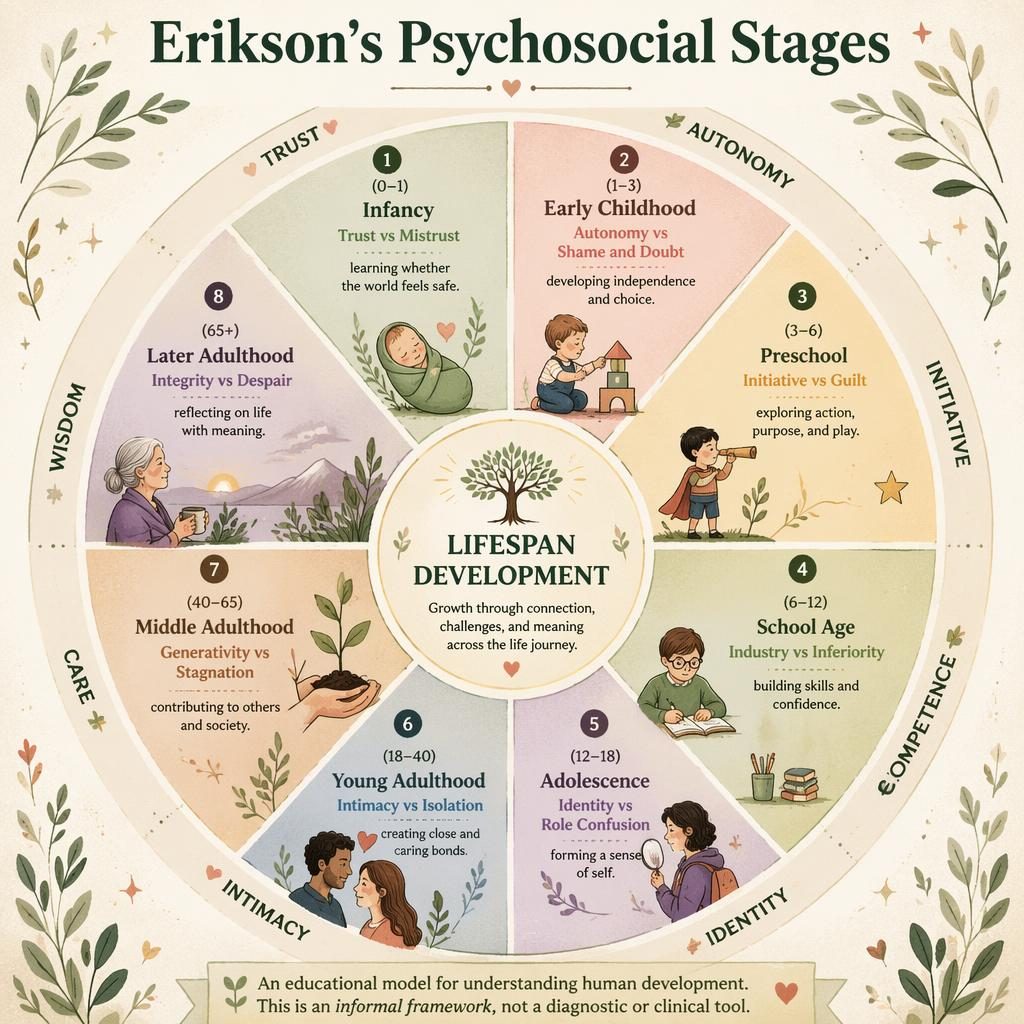 Circular psychology infographic of Erikson’s 8 psychosocial stages with icons, age ranges, captions, and warm sage blush palette.