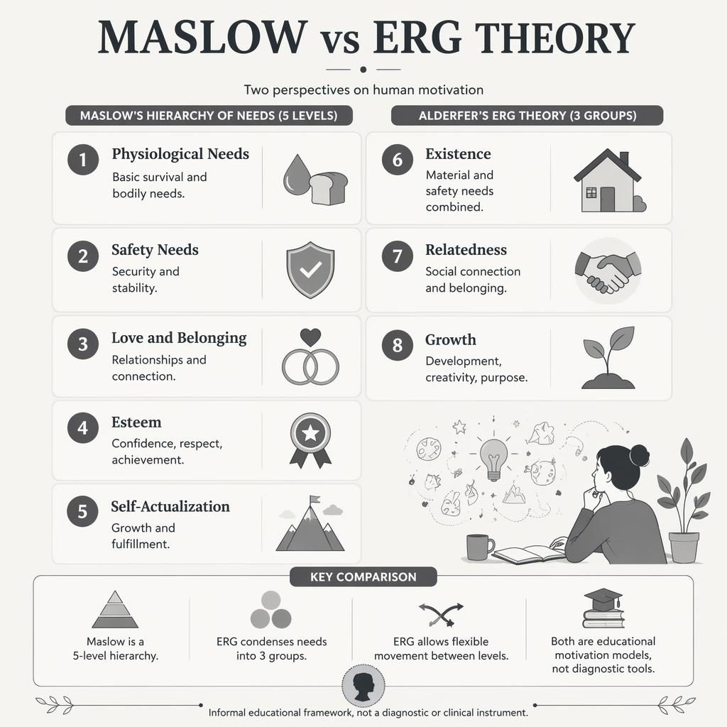 Monochrome psychology infographic grid comparing Maslow and ERG with 8 numbered cards, icons, and a small artist silhouette.