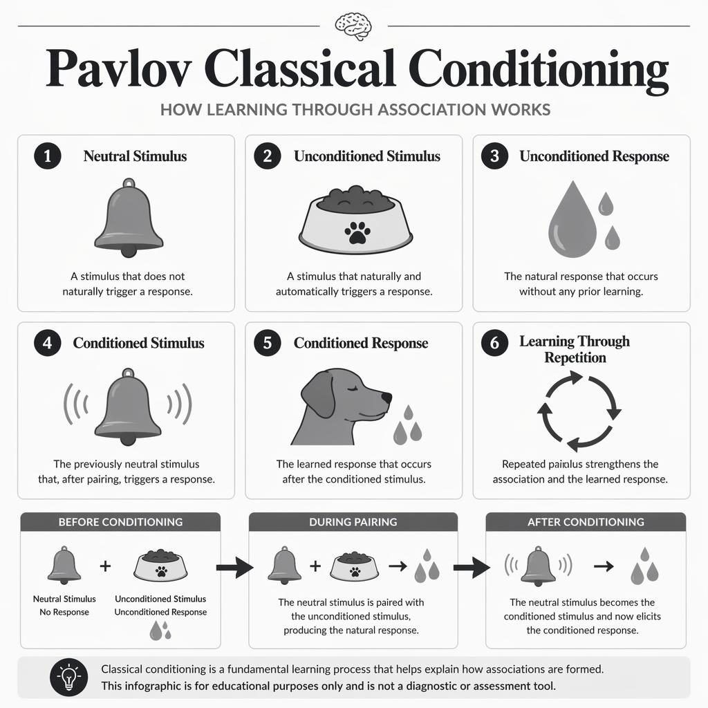 Póster infográfico en gris con 6 tarjetas numeradas sobre condicionamiento clásico, iconos simples y línea secuencial.