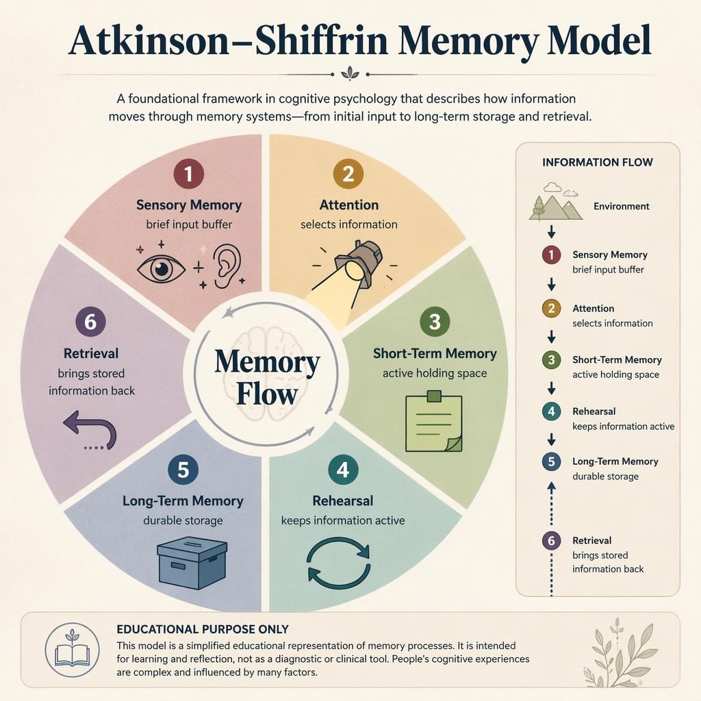 Editorial psychology infographic of the Atkinson–Shiffrin Memory Model shown as a labeled wheel with icons and flow legend.