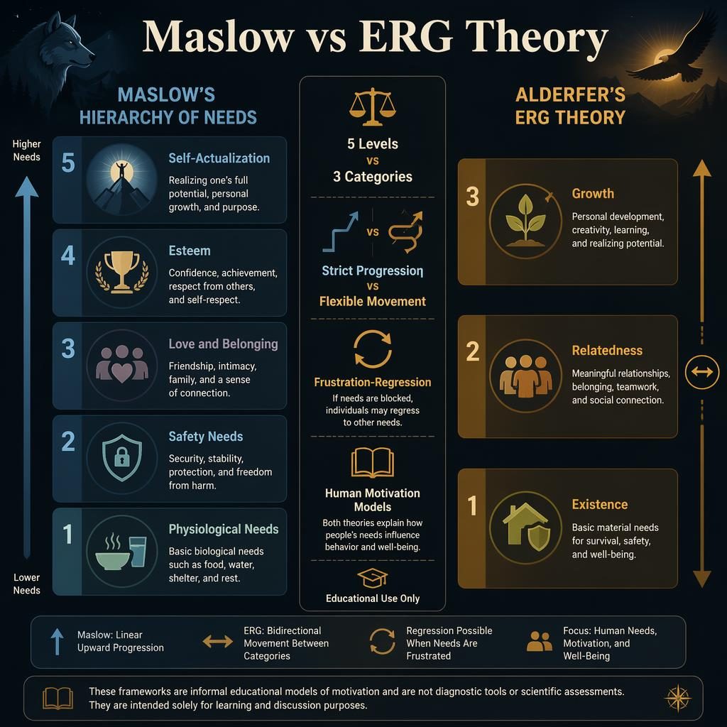 Dark mode psychology infographic comparing Maslow’s 5 needs cards with ERG’s 3 category cards and a center column.