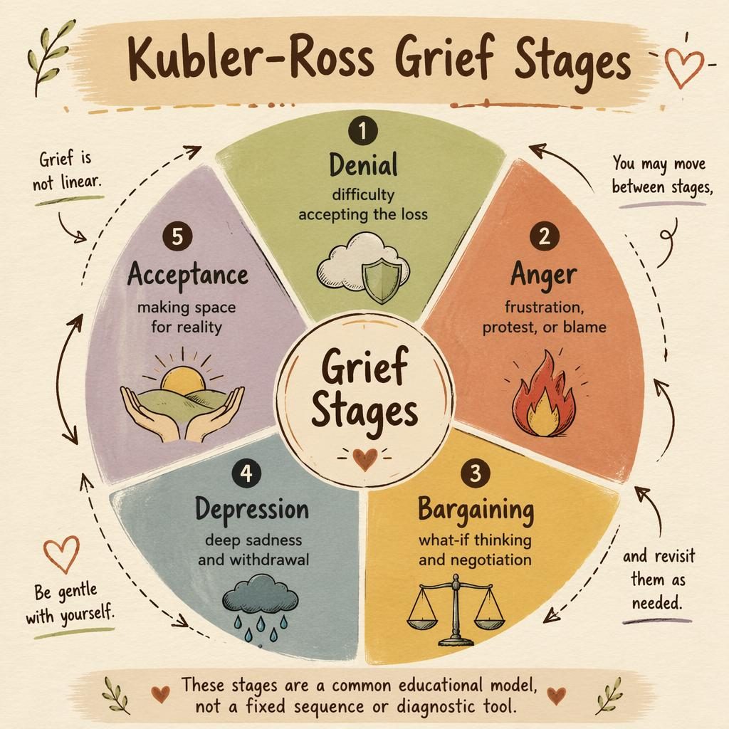 Sketchnote-style grief stages wheel with 5 labeled segments, icons, arrows, paper texture, and supportive footer note.