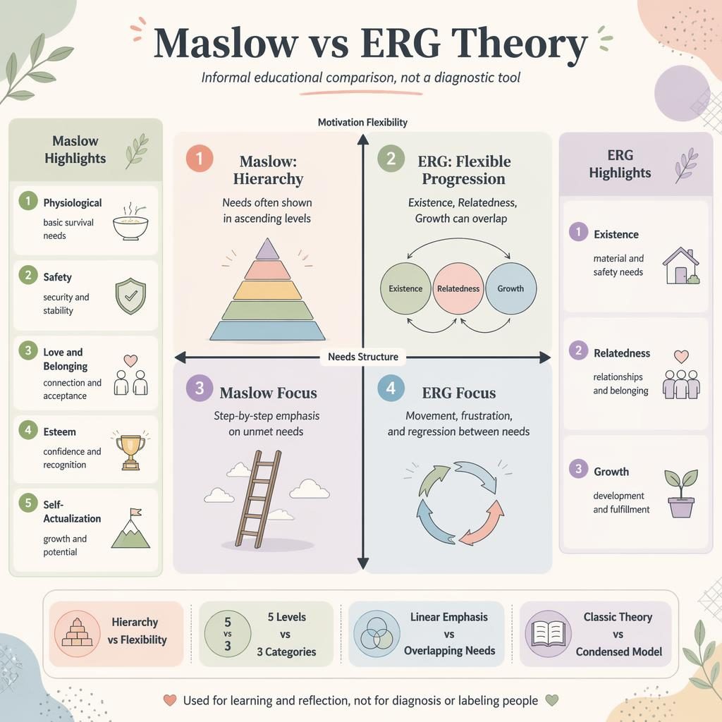 Pastel psychology infographic poster comparing Maslow hierarchy and ERG theory in a 2x2 quadrant layout with side panels.