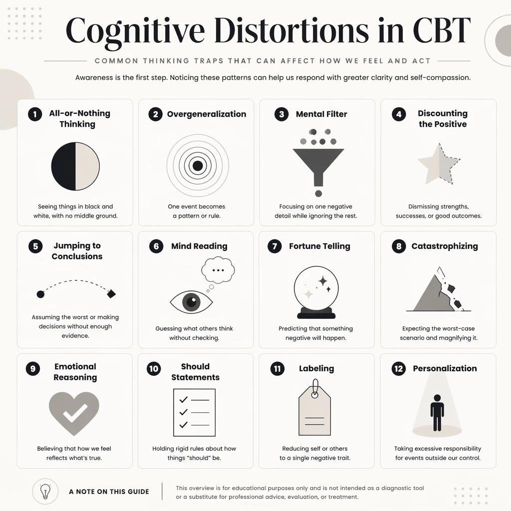 Monochrome psychology infographic poster grid on cognitive distortions in CBT with 12 numbered cards, icons, captions, and footer note.