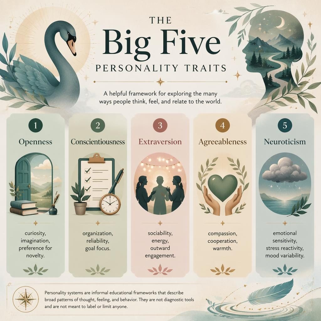 Editorial Big Five personality traits infographic with 5 illustrated cards, teal swan motif, sage blush palette, and note