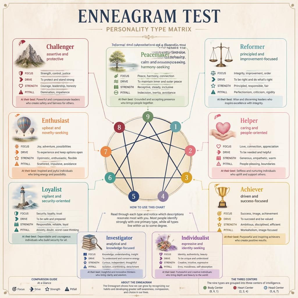 Academic-style enneagram test poster with central symbol and nine numbered personality type panels in pastel tones.