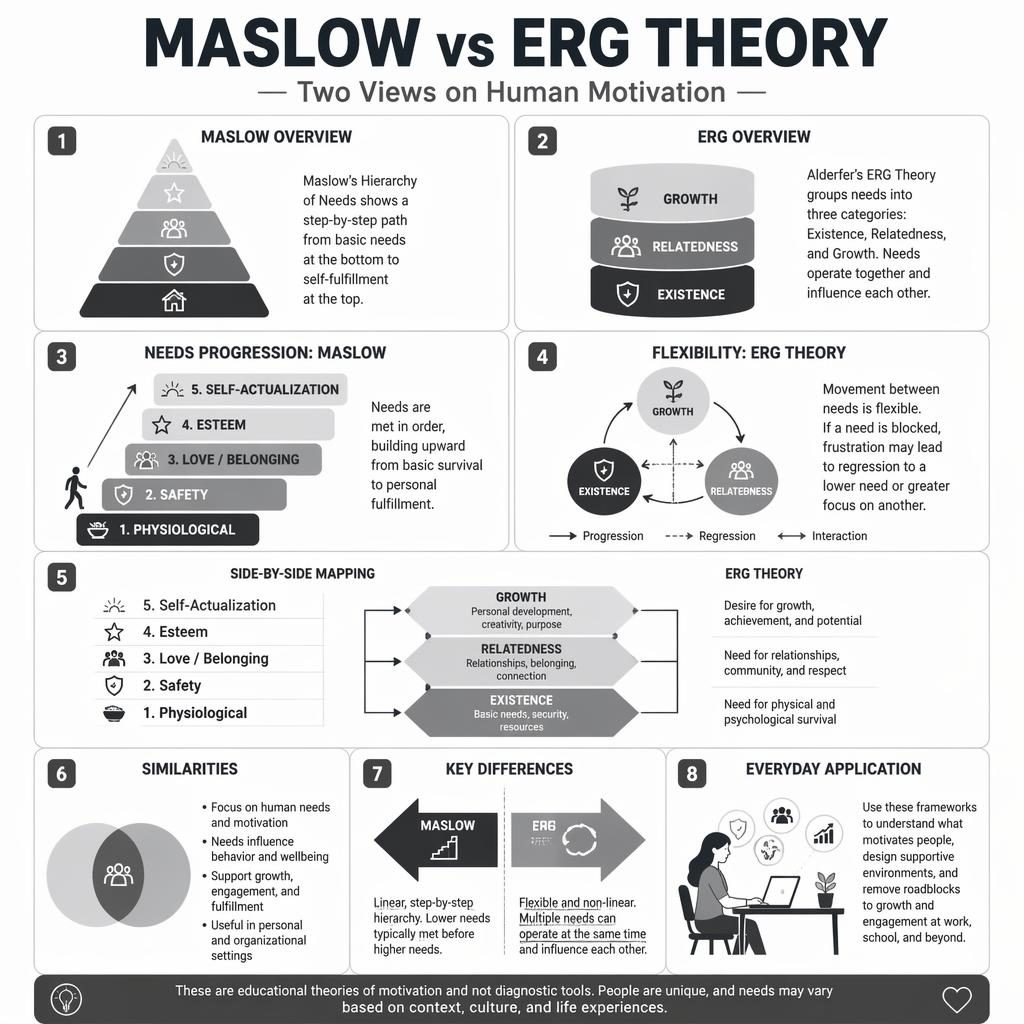 Monochrome psychology infographic poster grid comparing Maslow hierarchy and ERG theory with 8 numbered cards and icons.